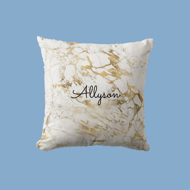 Coussin Marbre Blanc & Or, Nom ou Monogramme en Script Noi (Créateur téléchargé)