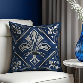 Coussin Marbre bleu et perle Art Déco Fleur de lis