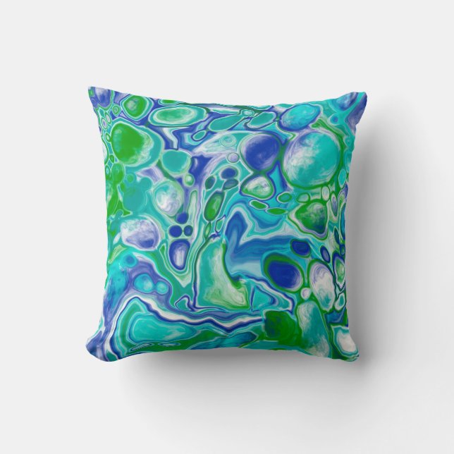 Coussin Marbre bleu et vert Fluid Art Abstrait (Recto)