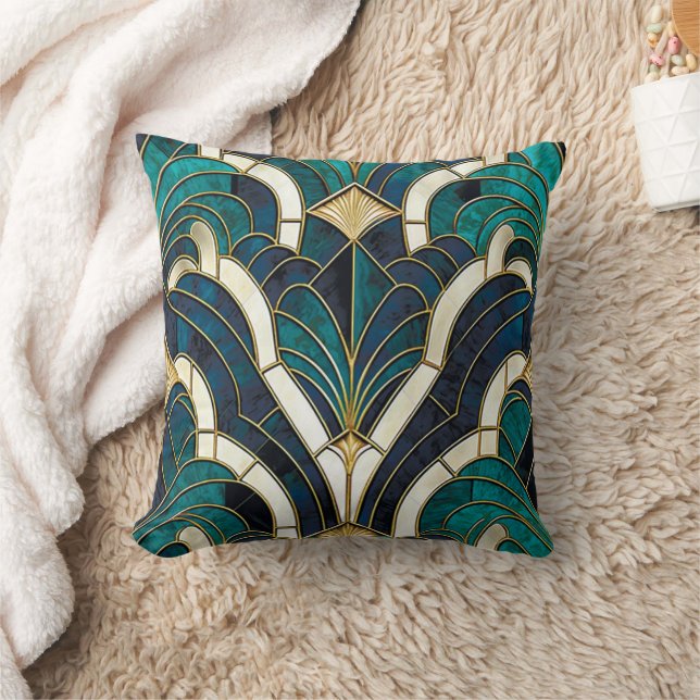 Coussin Marbre de luxe Mosaïque Art Déco Bleu Or & Turquoi (Couverture)