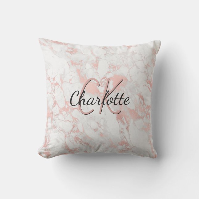 Coussin Marbre d'or rose nom monogramme personnalisé (Recto)