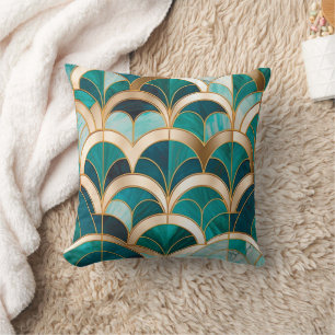 Coussin Marbre Luxueux Mosaïque Art Déco Turquoise Bleu Or