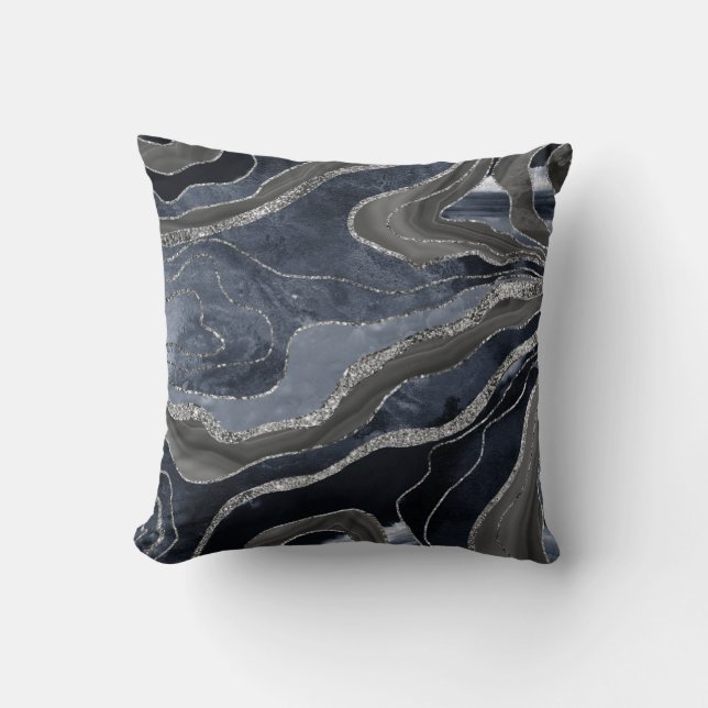 Coussin Marbre noir bleu marine Agate Parties scintillant  (Recto)