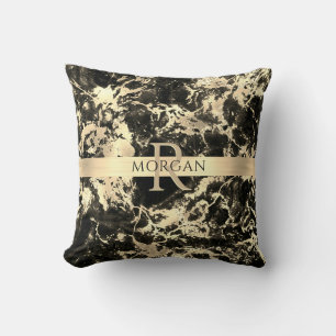 Coussin Marbre Noir+Or, Bande Or, Nom+Monogramme, Vs3