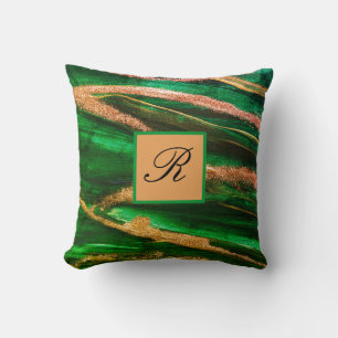 Coussin Marbre parties scintillant or vert Abstrait Monogr