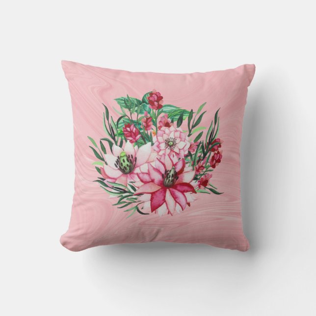 Coussin Marbre Rose Et Fleurs Exotiques (Recto)
