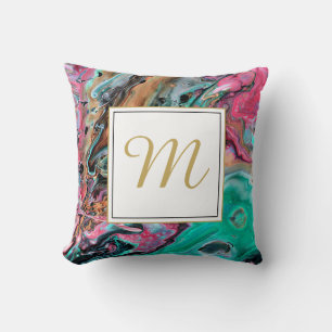 Coussin Marbre rose et vert monogramme