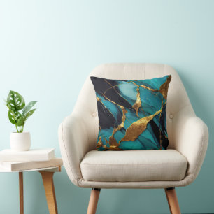 Coussin Marbre sarcelle profond avec veines d'or audacieus