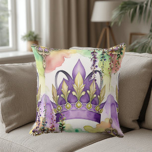 Coussin Mardi Gras Couronne violette Vert & Or Aquarelle