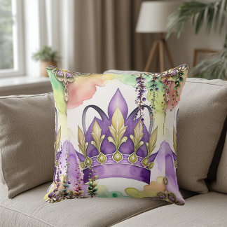 Coussin Mardi Gras Couronne violette Vert & Or Aquarelle