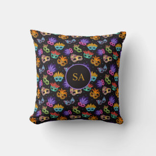 Coussin Mardi Gras Masque de plumes violet vert bleu étoil