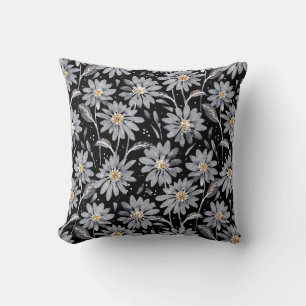 Coussin Marguerite gris argenté sur floral réversible noir