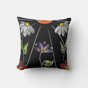 Coussin Marguerite noire et blanche avec soleil