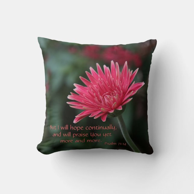 Coussin Marguerite rose de Gerbera avec le vers de bible (Recto)