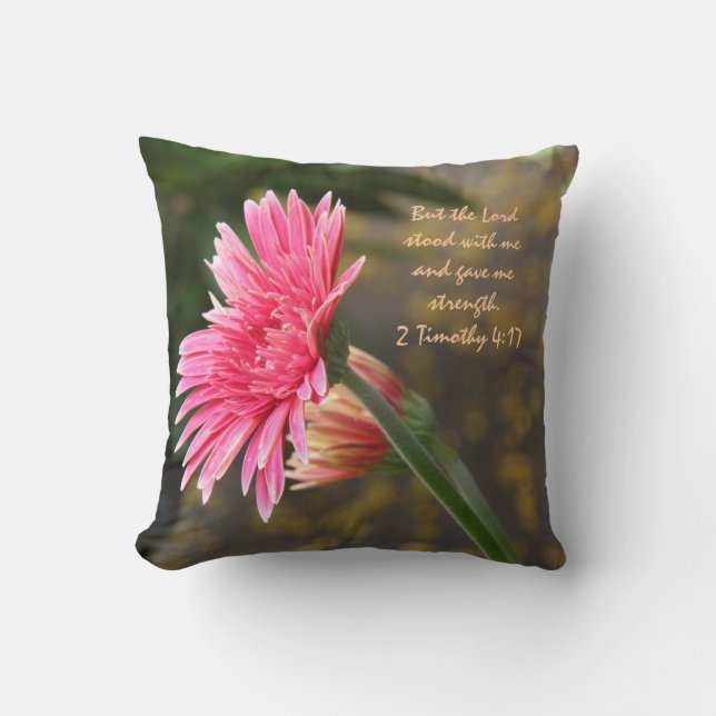Coussin Marguerite rose florale ; La force de Dieu de vers (Recto)