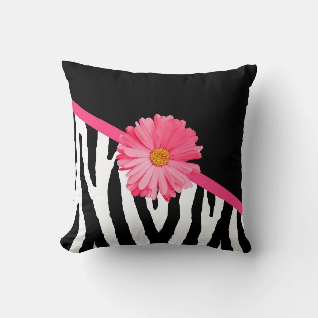 Coussin Marguerite rose Girly de motif de zèbre (Recto)