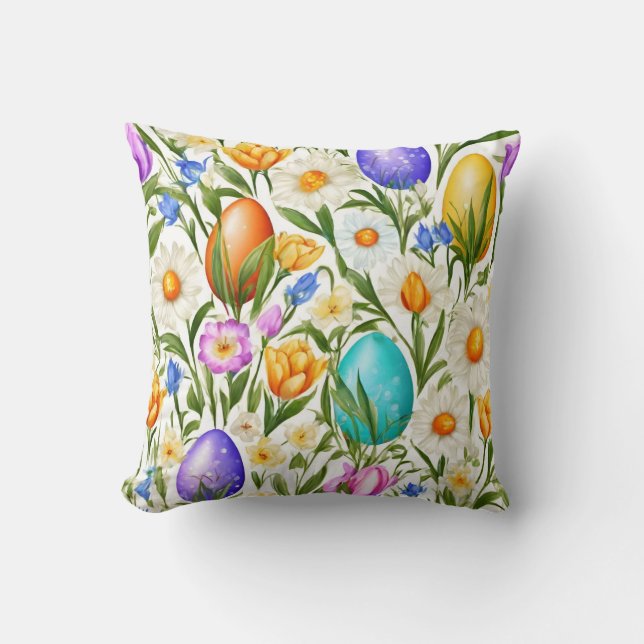 Coussin Marguerites, fleurs de printemps et oeufs de Pâque (Recto)
