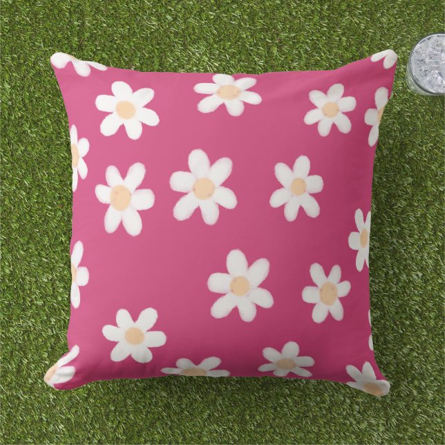 Coussin Marguerites modernes sur Pink Outdoor (Herbe)