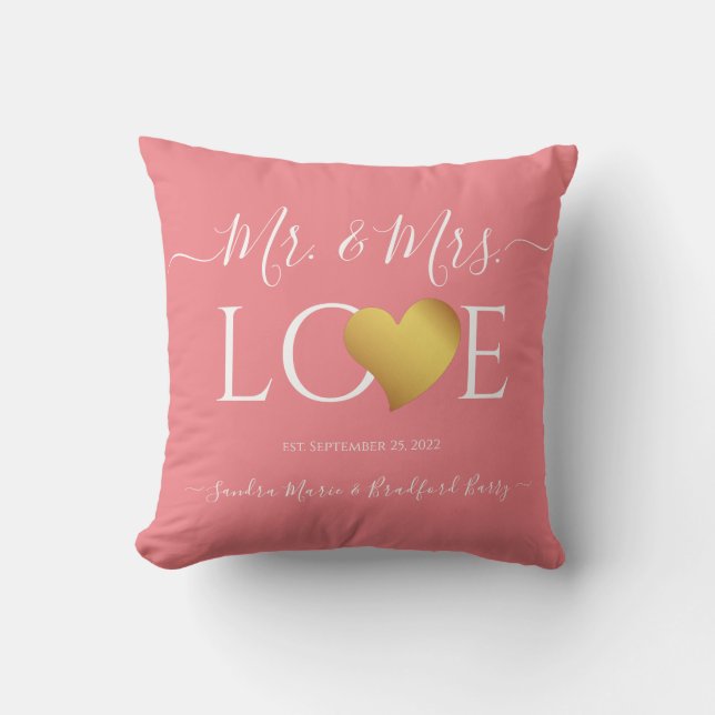 Coussin Mariage Black Gold Heart Nom du script Mr et Mrs. (Recto)