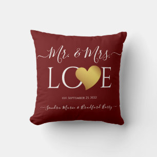 Coussin Mariage Black Gold Heart Nom du script Mr et Mrs.