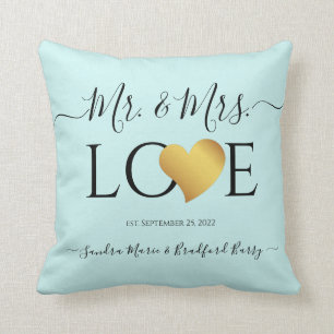 Coussin Mariage Black Script Nom du coeur M. et Mme