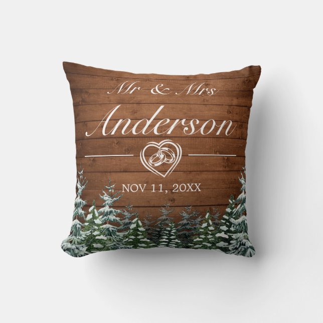 Coussin Mariage campagnard de bois et de forêt enneigés (Recto)