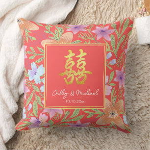 Coussin Mariage chinois double xi floral Peranakan rouge