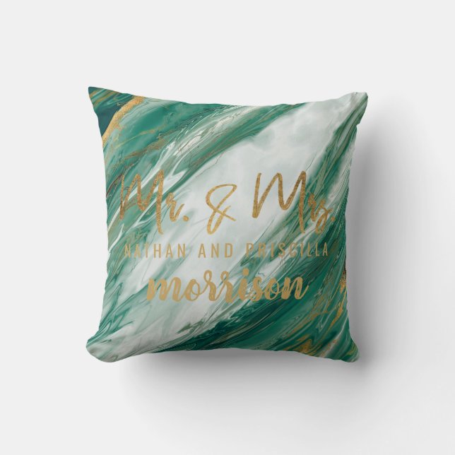 Coussin Mariage de marbre peint vert d'or vert de jade (Recto)
