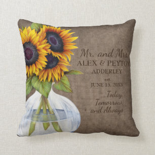 Coussin Mariage du Vase Burlap de tournesols rustiques Dat