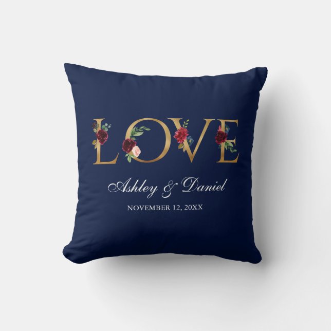 Coussin Mariage floral bleu d'amour d'or de Bourgogne (Recto)
