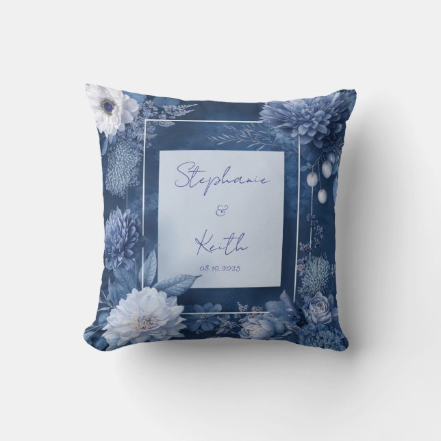 Coussin Mariage floral bleu et blanc de la marine (Recto)