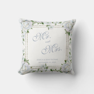 Coussin Mariage floral chic roses et bordure argentée