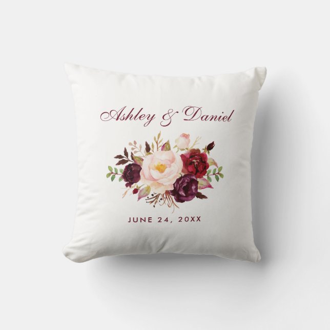 Coussin Mariage floral de Bourgogne d'aquarelle élégante (Recto)