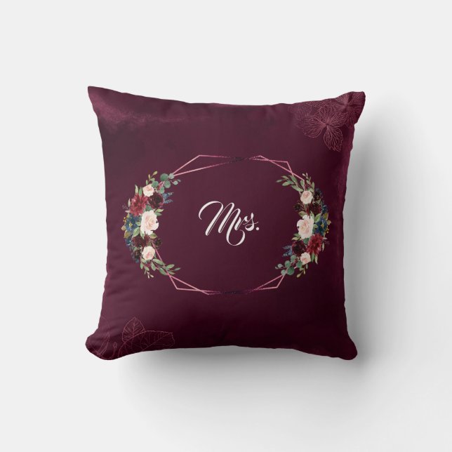 Coussin Mariage Floral Géométrique de Bourgogne Royale (Recto)