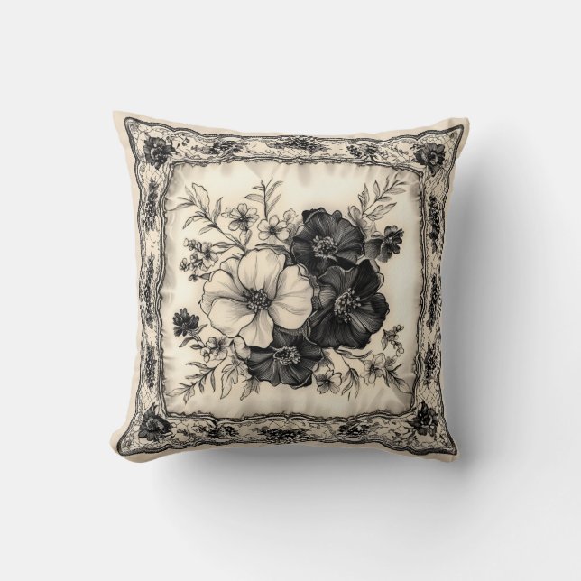 Coussin Mariage floral noir et ivoire (Recto)