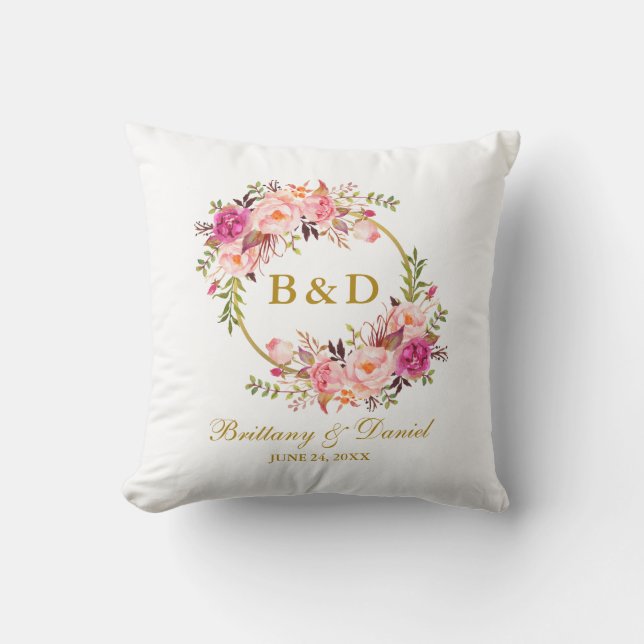 Coussin Mariage floral rose de monogramme d'or de (Recto)