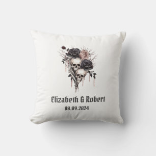 Coussin Mariage gothique noir Rose crânes