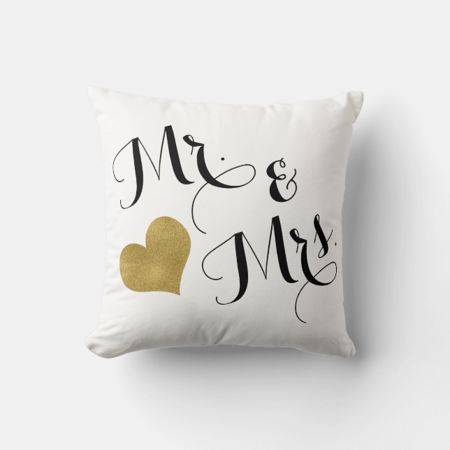 Coussin Mariage M. & Mme Black Script Gold Coeur (Recto)