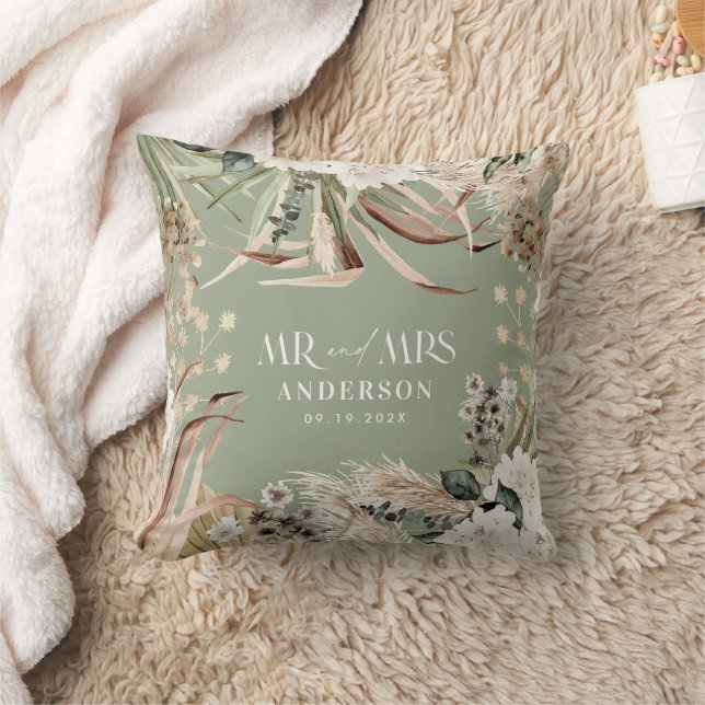 Coussin Mariage M. Mme Pampas eucalyptus cadeau de boho mo (Couverture)