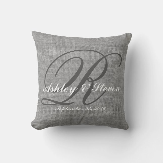 Coussin Mariage Monogramme gris lin rustique (Recto)