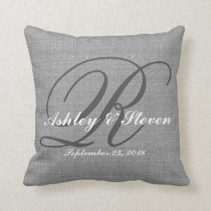 Coussin Mariage Monogramme gris lin rustique