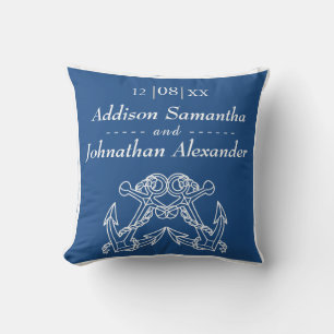 Coussin Mariage nautique Bleu Blanc Ancre Noms Date