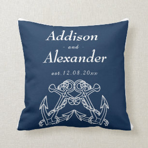 Coussin Mariage nautique Bleu Blanc Ancre Noms Date Thro