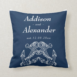 Coussin Mariage nautique Bleu Blanc Ancre Noms Date Thro