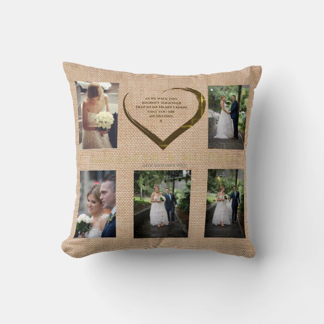 Coussin Mariage Photo Collage Rustique Hessian Coeur Citat (Recto)