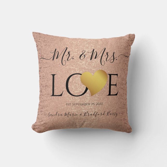 Coussin Mariage Rose Gold Coeur Nom du script M. et Mme. (Recto)