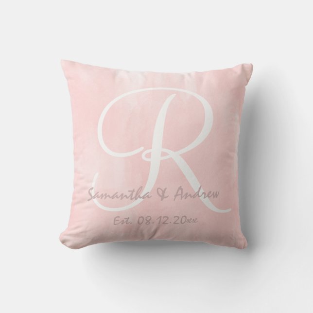 Coussin Mariage rose moderne de monogramme d'aquarelle (Recto)