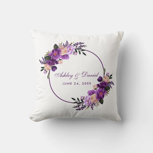 Coussin Mariage violet pourpre floral de guirlande (Recto)