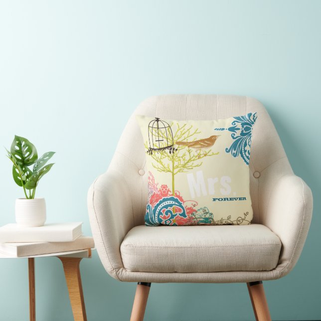 Coussin Mariée Damassé sarcelle Oiseau de l'amour Cage à o (Chaise)