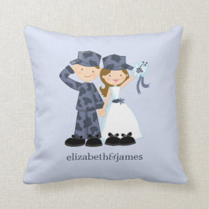 Coussin Mariée et soldat en Mariage Camouflage bleu